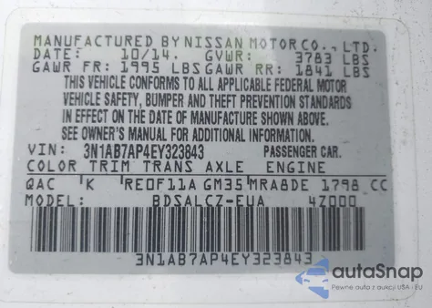 2014 Nissan Sentra Fe+ S из США, поврежденный, VIN 3N1AB7AP4EY323843